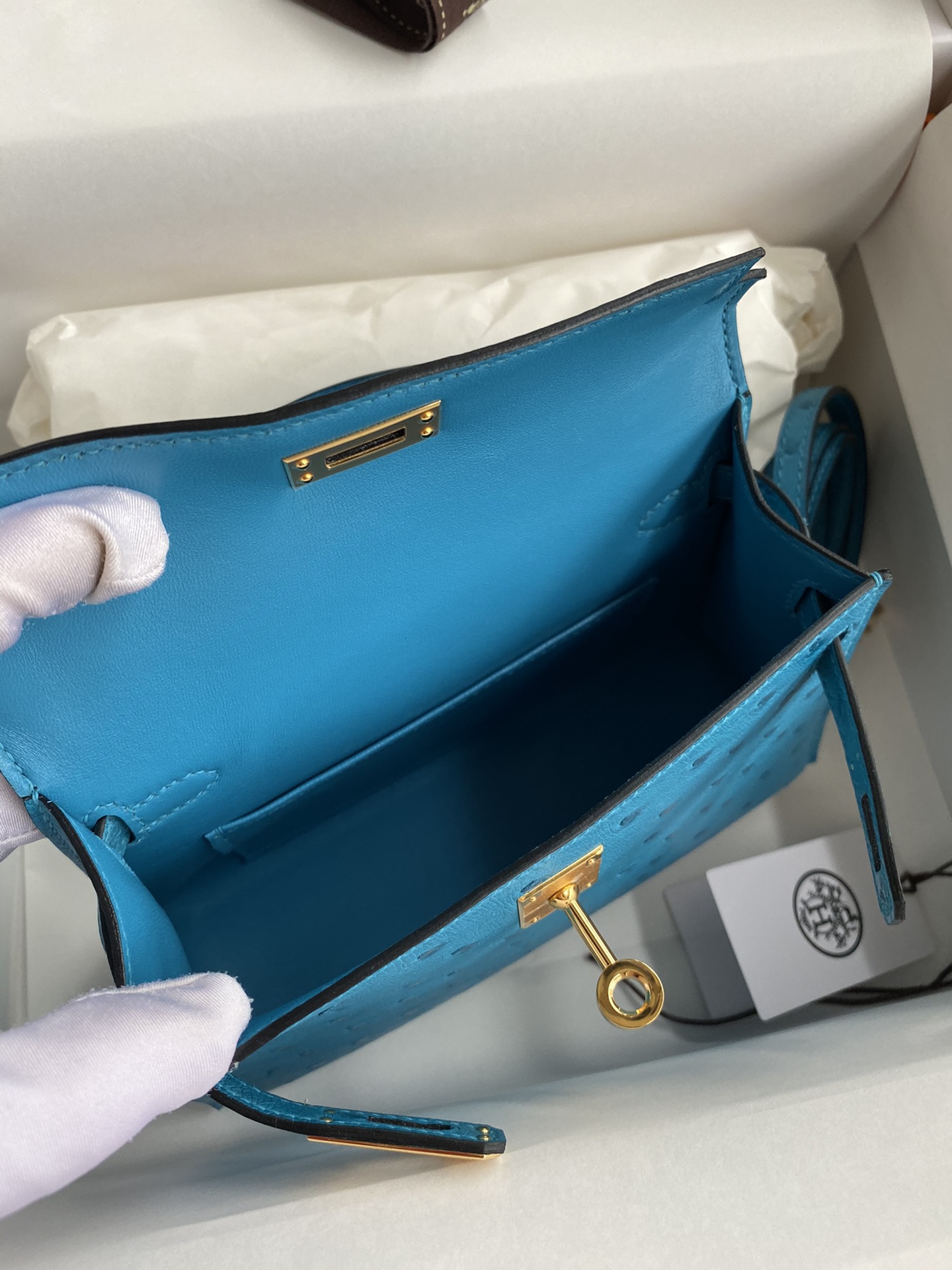 Hermes Kelly Mini II Bag 19CM In Blue Azteque Ostrich Leather